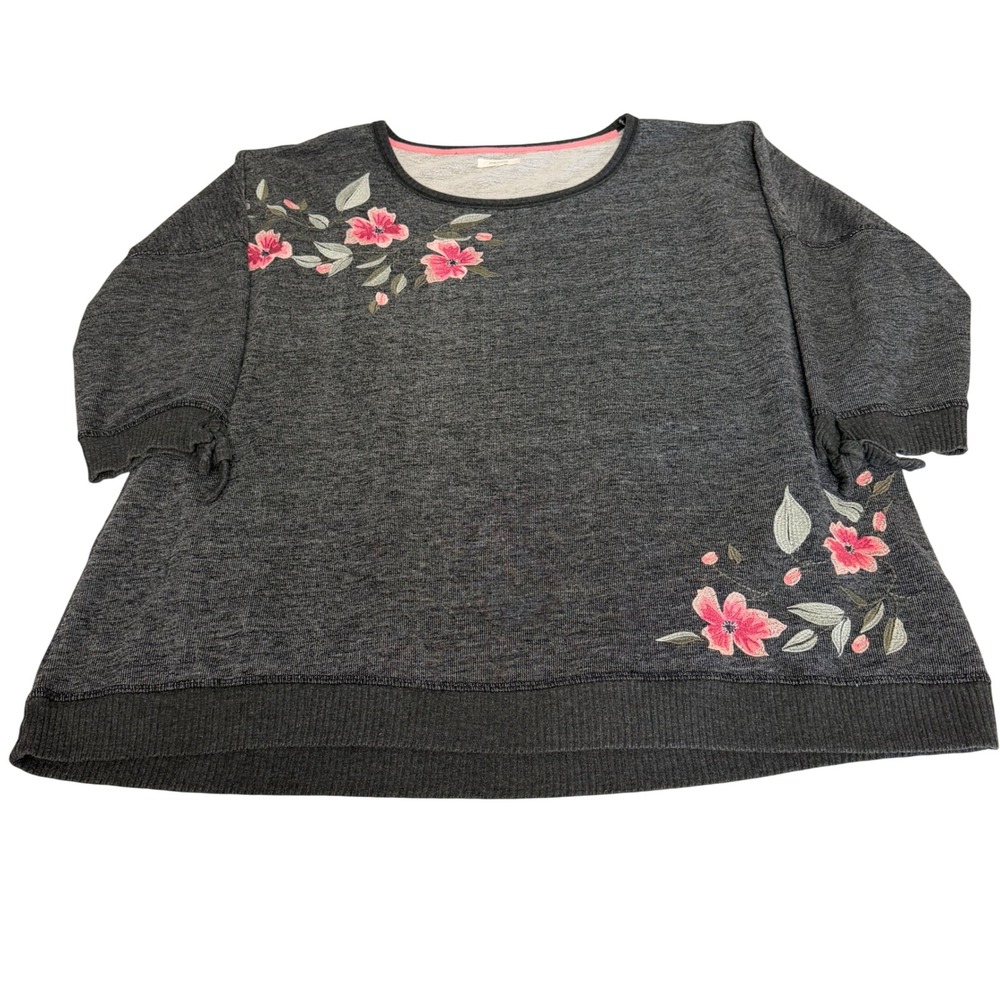 Maurices Womens Charcoal Gray Floral Embroidered 3/4 Sleeve Sweatshirt Size XXL